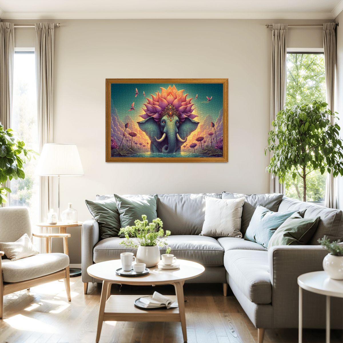 Lotus Crowned Elephant Jigsaw Puzzle: Dreamy Sunset Water Garden