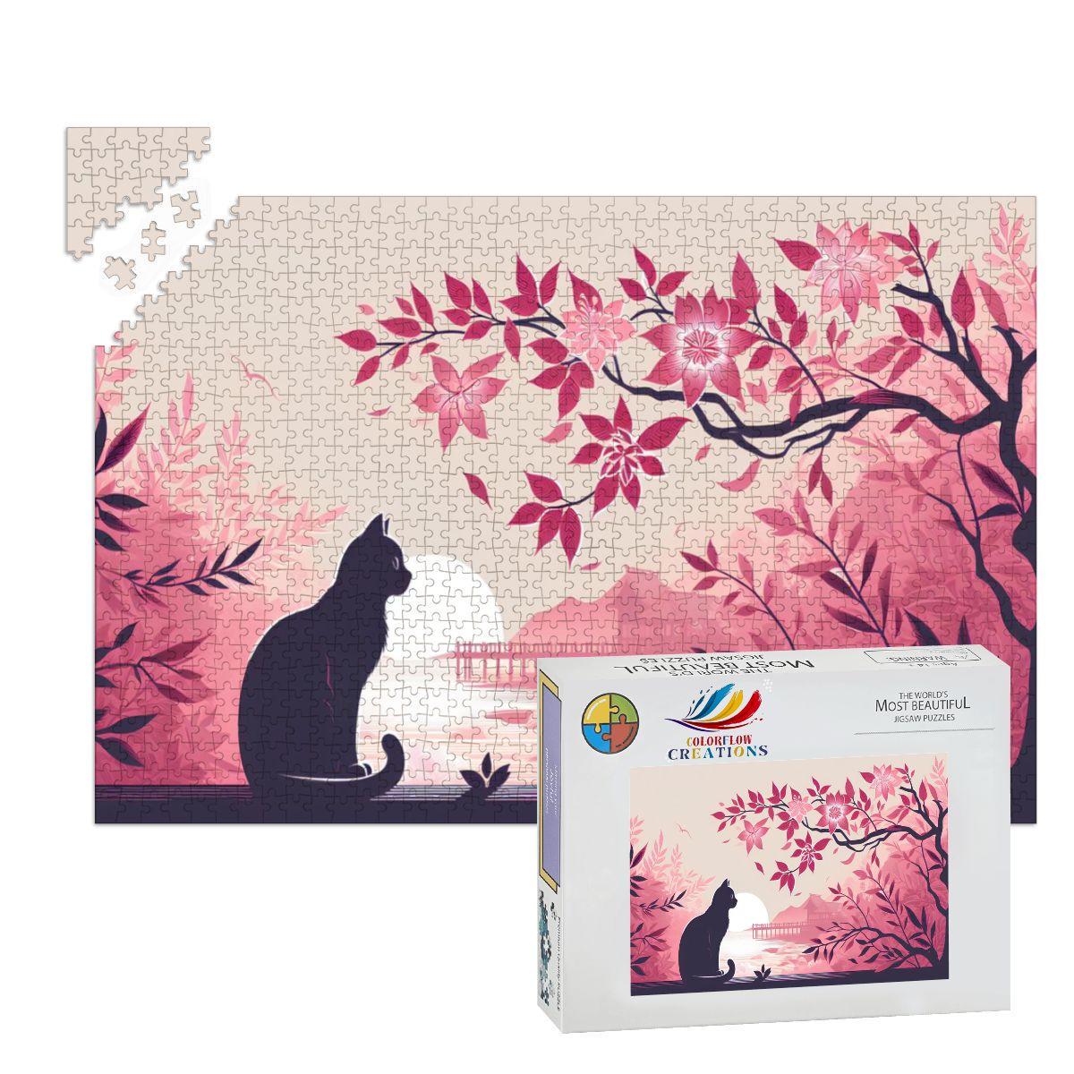 Cat Watching Sunset Wooden Jigsaw Puzzle: Japanese Cherry Blossom Art