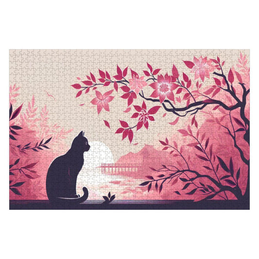 Cat Watching Sunset Wooden Jigsaw Puzzle: Japanese Cherry Blossom Art