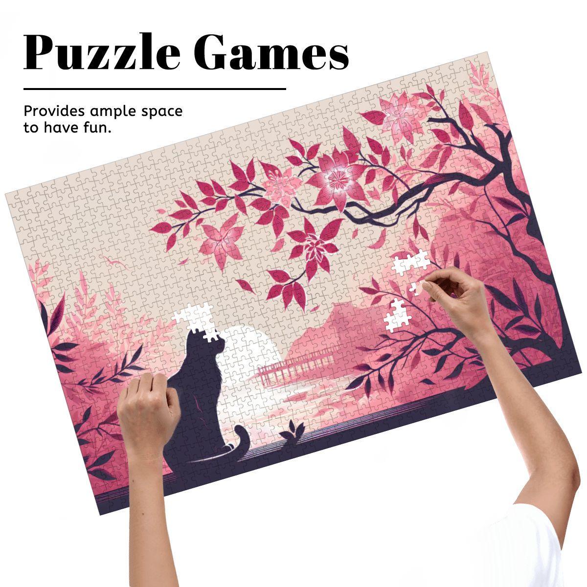Cat Watching Sunset Wooden Jigsaw Puzzle: Japanese Cherry Blossom Art