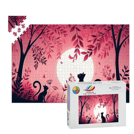 Two Black Cats Jigsaw Puzzle: Pink Moonlight Botanical Art