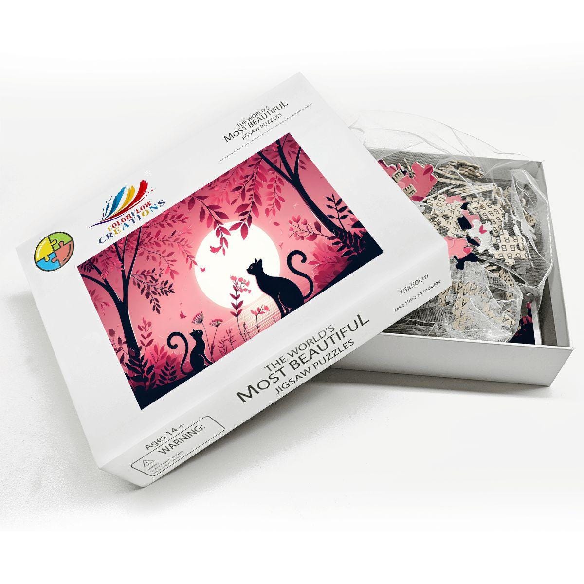 Two Black Cats Jigsaw Puzzle: Pink Moonlight Botanical Art