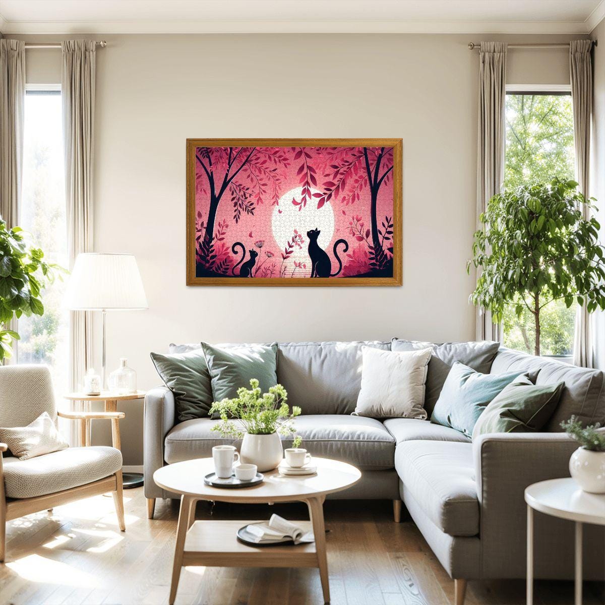 Two Black Cats Jigsaw Puzzle: Pink Moonlight Botanical Art