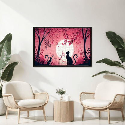 Two Black Cats Jigsaw Puzzle: Pink Moonlight Botanical Art