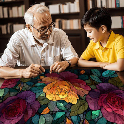 Stained Glass Rose Jigsaw Puzzle: Colorful Botanical Art, Basswood