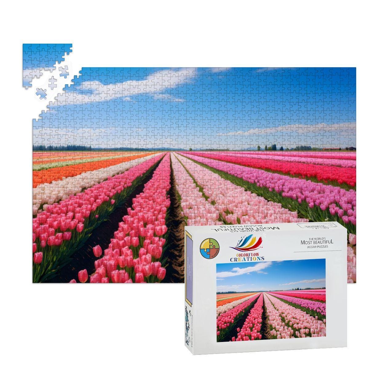 ColorFlow | Tulip Field Puzzle | Bright Floral Landscape Jigsaw | Spring Meadow Art Puzzle | Colorful Garden Puzzle