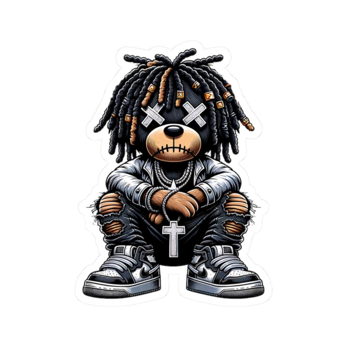 Dreadlock Bear Vinyl Sticker: Urban Gothic Streetwear, Waterproof