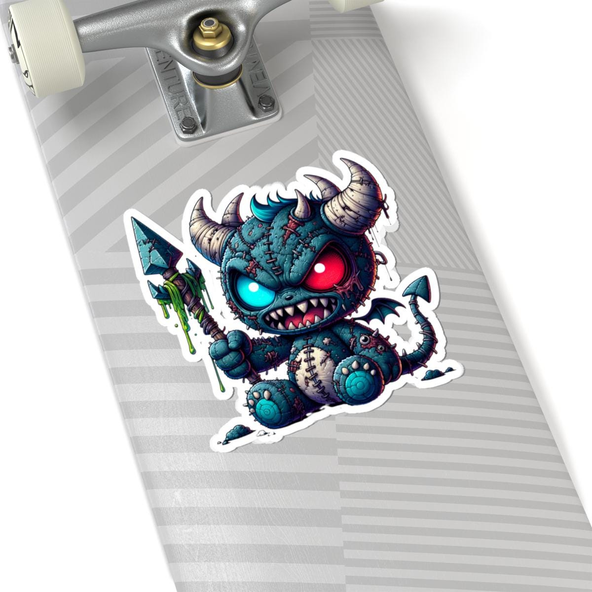 ColorFlow | Stitched Demon Plushie Monster Vinyl Sticker | Dual Eye Art Decal | Unique Collectible | Fantasy Gift Idea