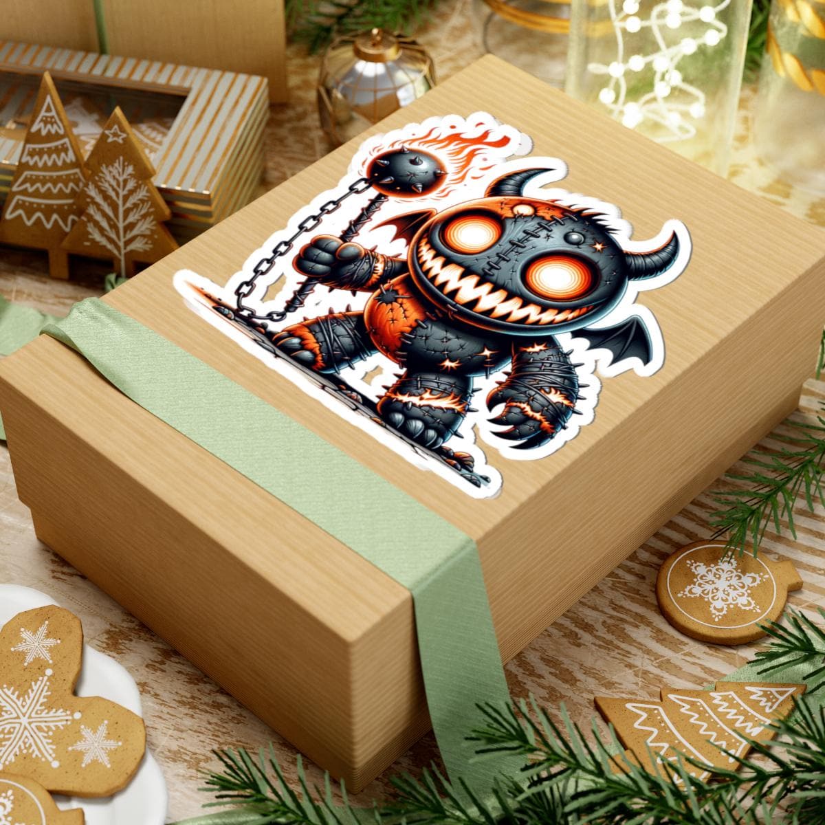 ColorFlow | Stitched Demon Plushie Vinyl Sticker | Fire Mace Art Decal | Spooky Cute Collectible | Unique Gift for Monster Fans