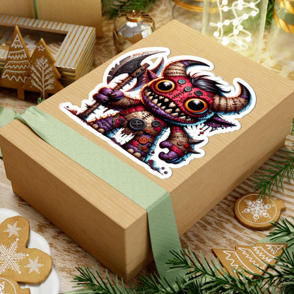 ColorFlow | Red Stitched Plushie Demon Monster Vinyl Sticker | Button Eye Art Decal | Unique Collectible | Fantasy Gift