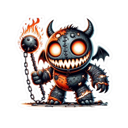 ColorFlow | Stitched Demon Plushie Vinyl Sticker | Fire Mace Art Decal | Spooky Cute Collectible | Unique Gift for Monster Fans