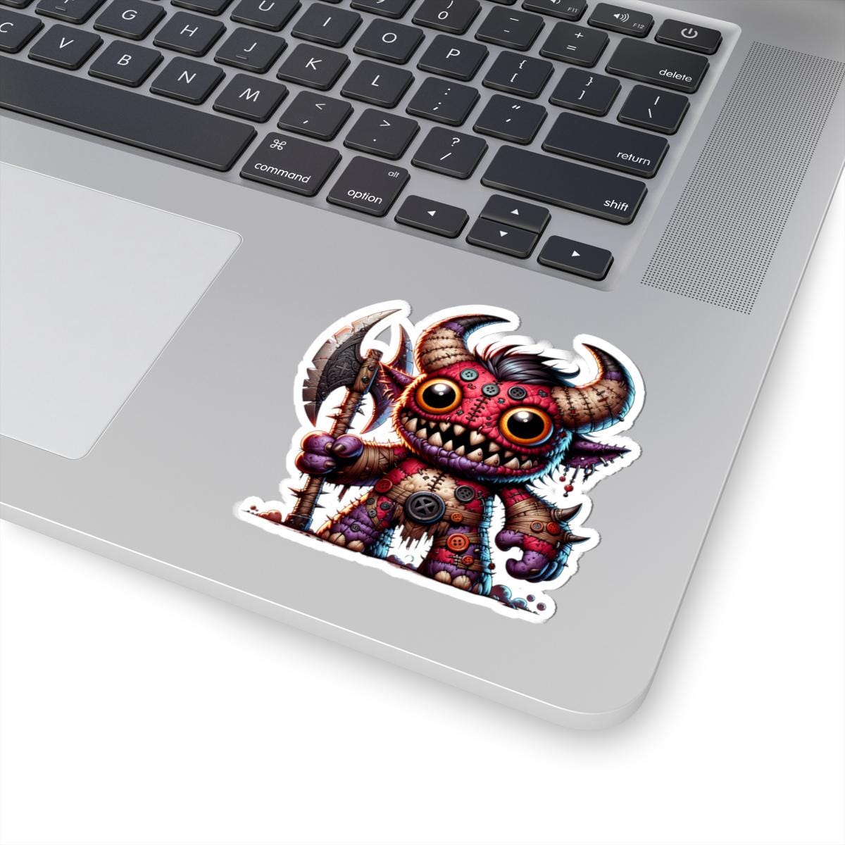ColorFlow | Red Stitched Plushie Demon Monster Vinyl Sticker | Button Eye Art Decal | Unique Collectible | Fantasy Gift