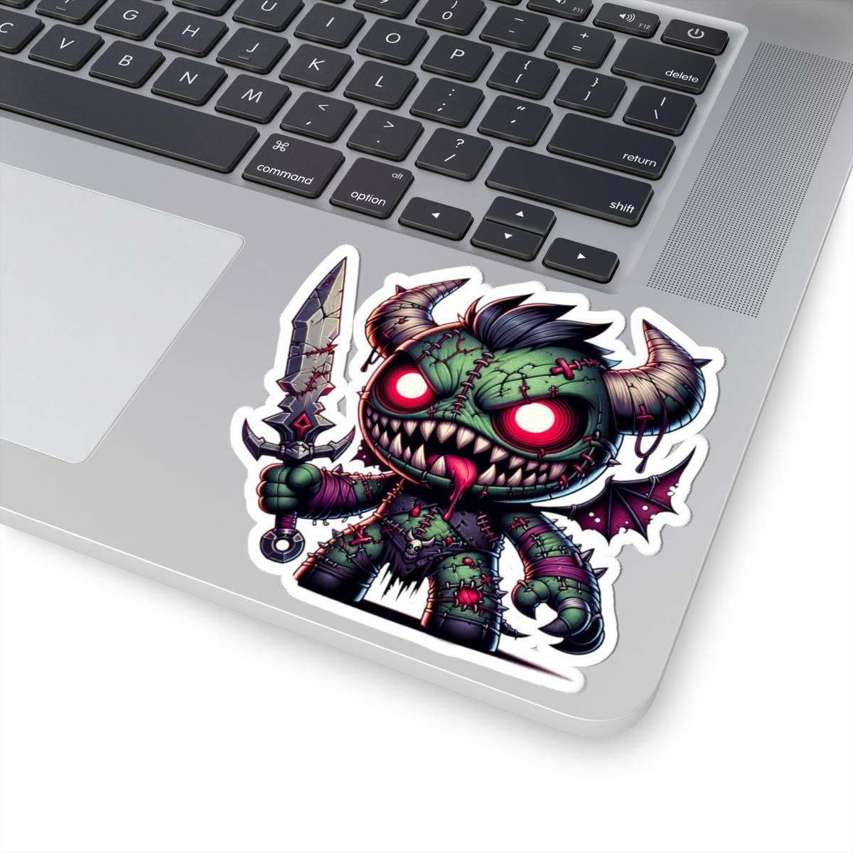 ColorFlow | Green Stitched Demon Plushie Monster Vinyl Sticker | Sword Art Decal | Unique Collectible | Fantasy Gift