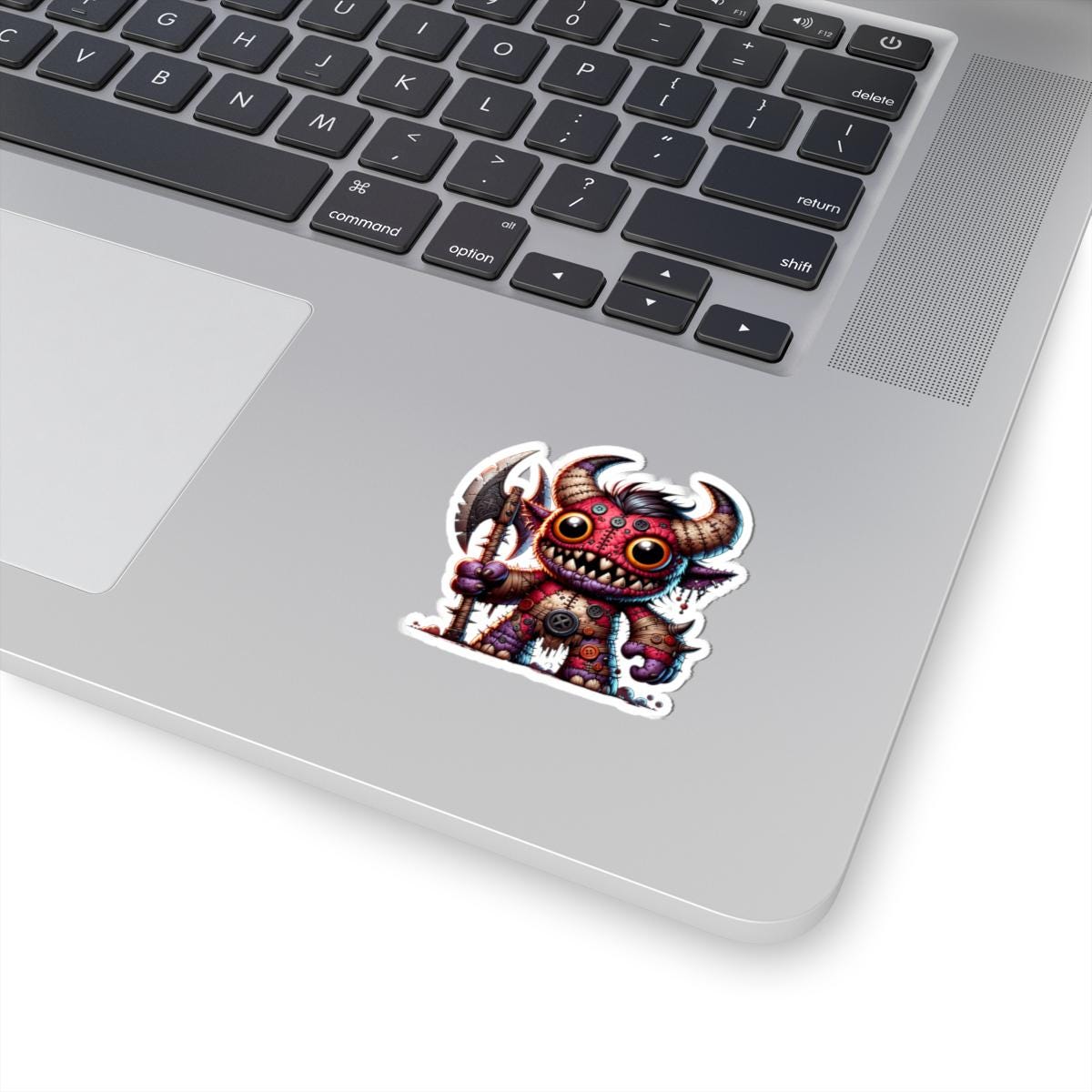ColorFlow | Red Stitched Plushie Demon Monster Vinyl Sticker | Button Eye Art Decal | Unique Collectible | Fantasy Gift