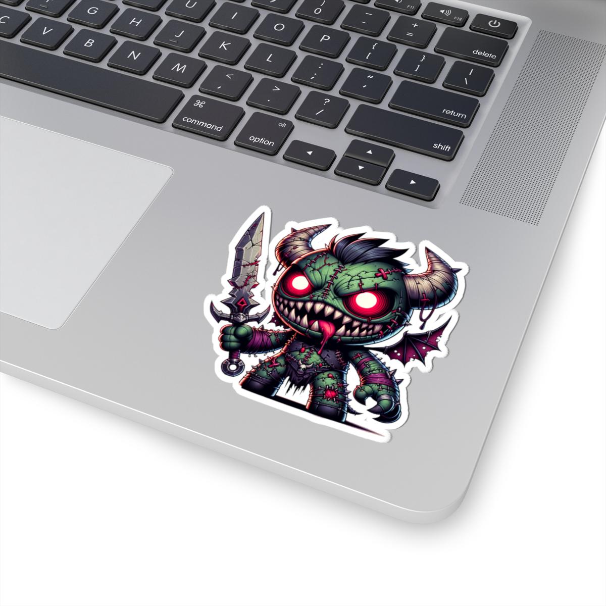ColorFlow | Green Stitched Demon Plushie Monster Vinyl Sticker | Sword Art Decal | Unique Collectible | Fantasy Gift