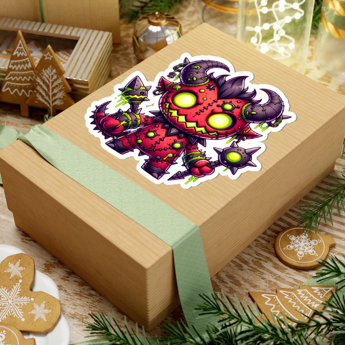 ColorFlow | Neon Red Stitched Demon Monster Vinyl Sticker | Glowing Mace Art Decal | Fantasy Collectible | Unique Gift