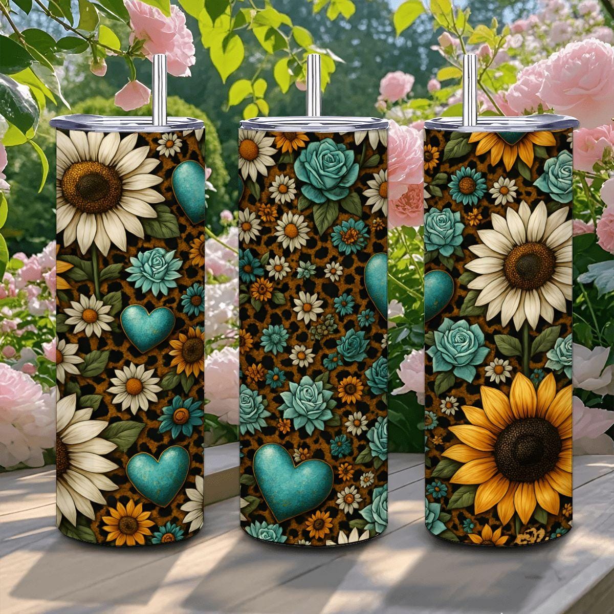 ColorFlow | Sunflower Turquoise Rose Tumbler | 20oz Stainless Steel | Boho Floral Heart Travel Mug | Insulated Cup with Straw