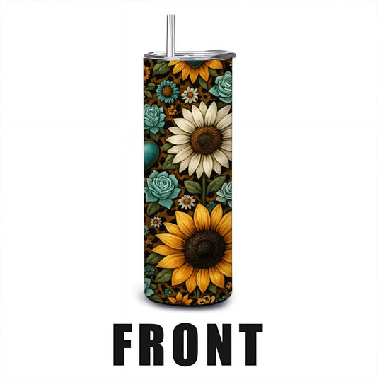 ColorFlow | Sunflower Turquoise Rose Tumbler | 20oz Stainless Steel | Boho Floral Heart Travel Mug | Insulated Cup with Straw