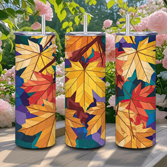 ColorFlow | Autumn Stained Glass Leaves Tumbler | 20oz Stainless Steel | Fall Leaf Insulated Mug | Colorful Art Cup with Straw