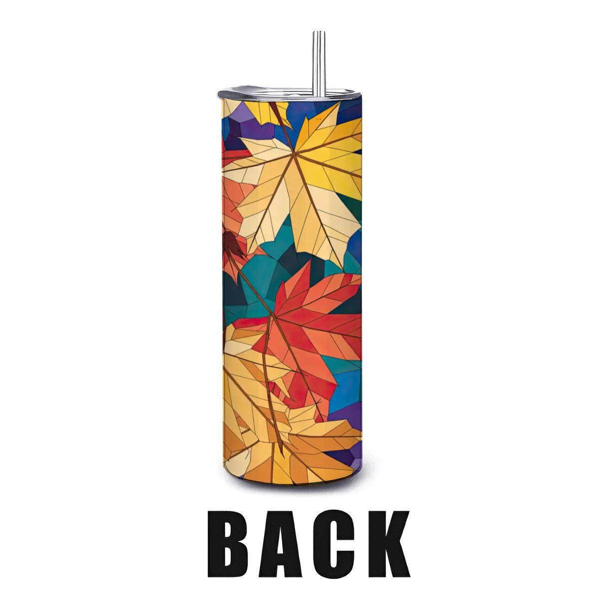 ColorFlow | Autumn Stained Glass Leaves Tumbler | 20oz Stainless Steel | Fall Leaf Insulated Mug | Colorful Art Cup with Straw