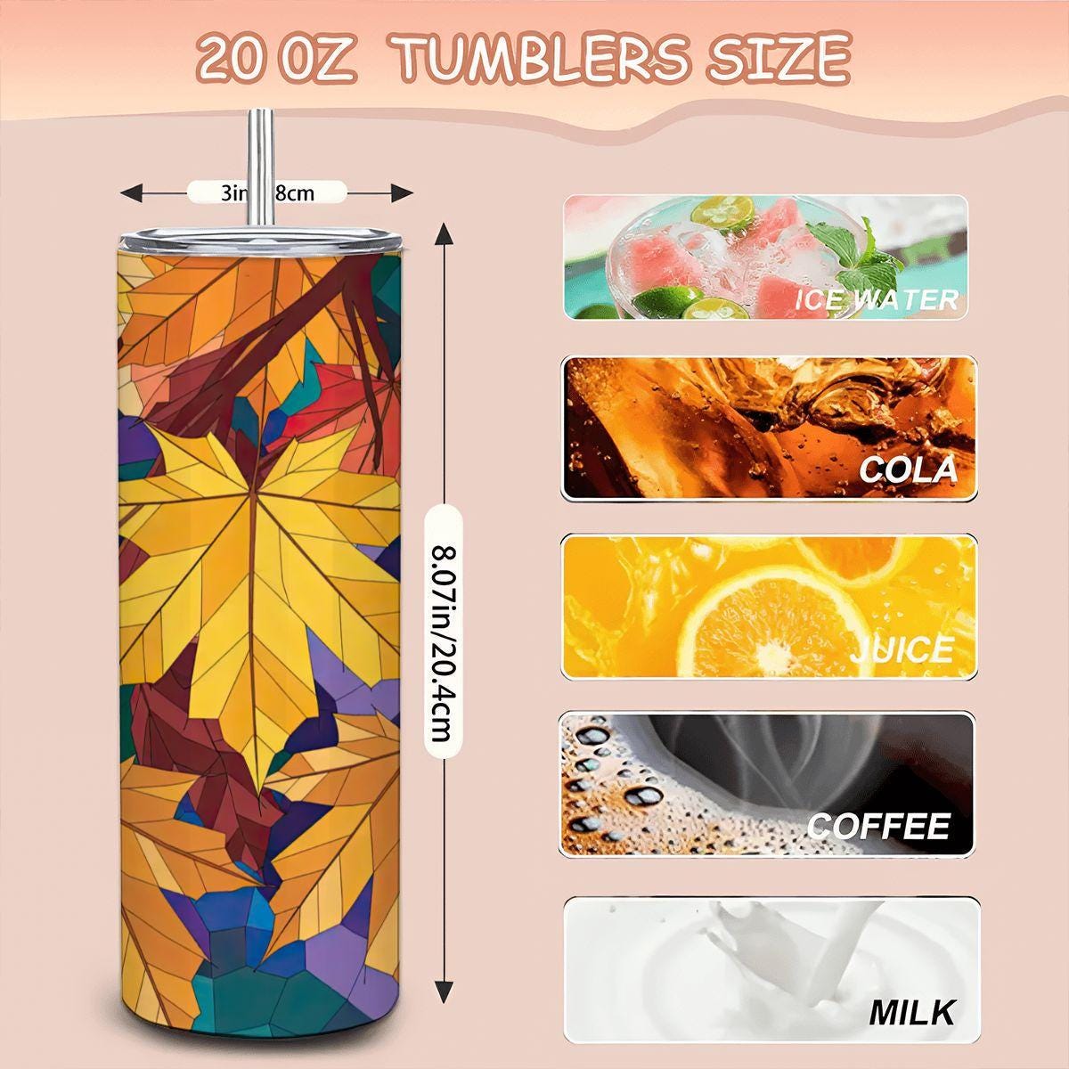 ColorFlow | Autumn Stained Glass Leaves Tumbler | 20oz Stainless Steel | Fall Leaf Insulated Mug | Colorful Art Cup with Straw