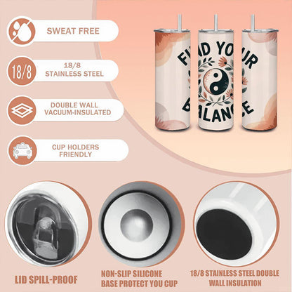 Yin Yang Floral Tumbler: 20oz Insulated Stainless Steel Motivational Cup