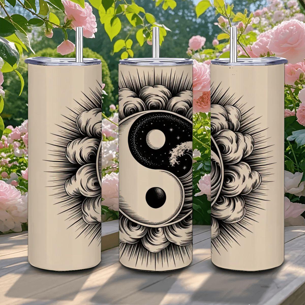 Yin Yang Wave Tumbler: 20oz Insulated Stainless Steel Zen Mug with Straw