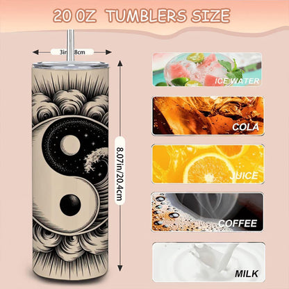 Yin Yang Wave Tumbler: 20oz Insulated Stainless Steel Zen Mug with Straw
