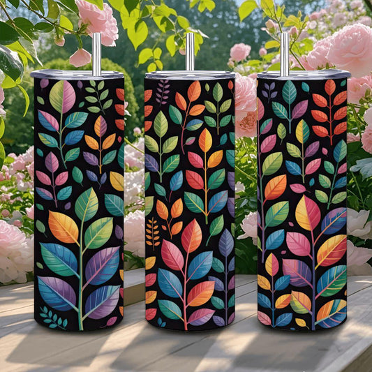 Rainbow Botanical Leaf Tumbler: 20oz Insulated Stainless Steel Travel Cup