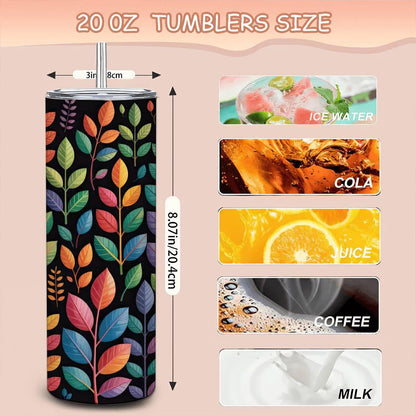Rainbow Botanical Leaf Tumbler: 20oz Insulated Stainless Steel Travel Cup