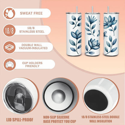 Blue Botanical Floral Tumbler: 20oz Stainless Steel Insulated Mug
