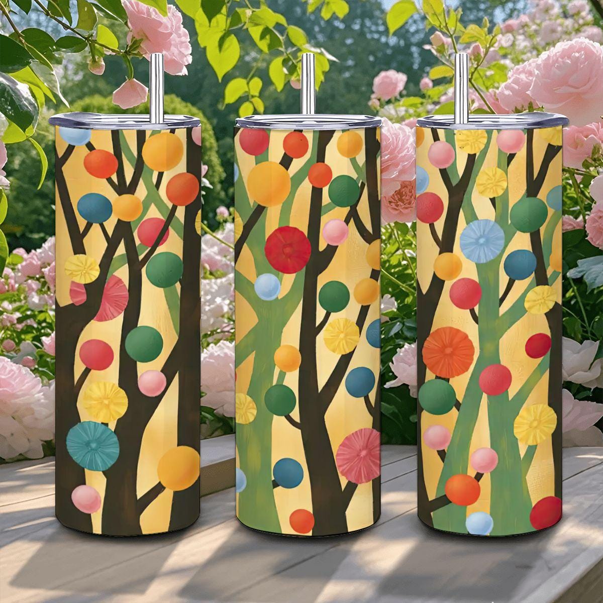 ColorFlow | Abstract Colorful Tree Tumbler | 20oz Stainless Steel | Modern Art Insulated Mug | Whimsical Nature Cup with Straw