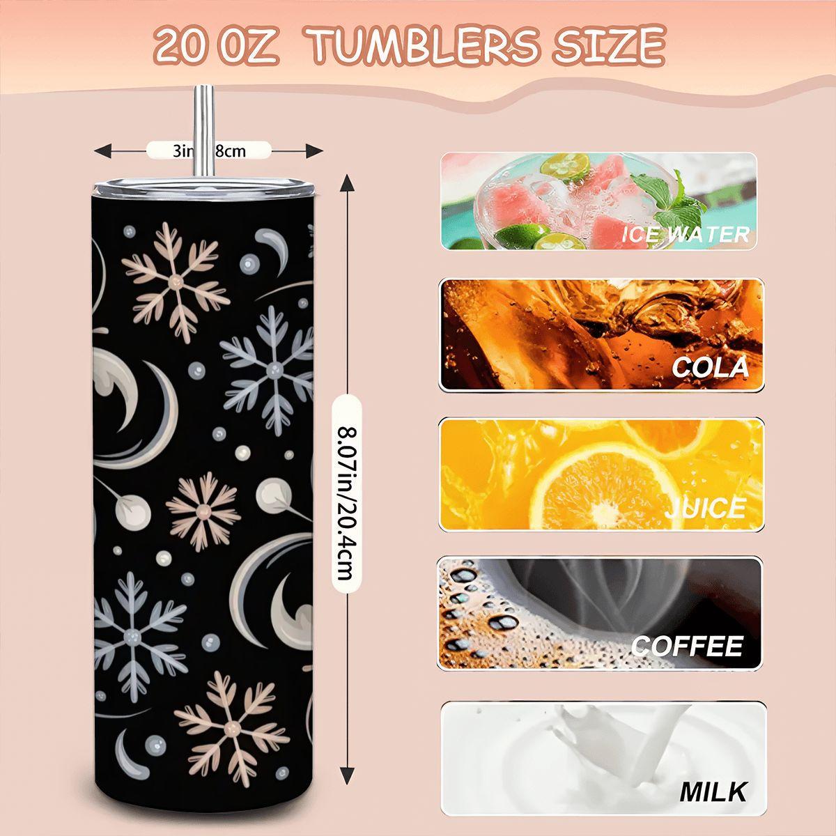 ColorFlow | Elegant Snowflake Swirl Tumbler | 20oz Stainless Steel | Winter Insulated Mug | Black Holiday Cup with Straw