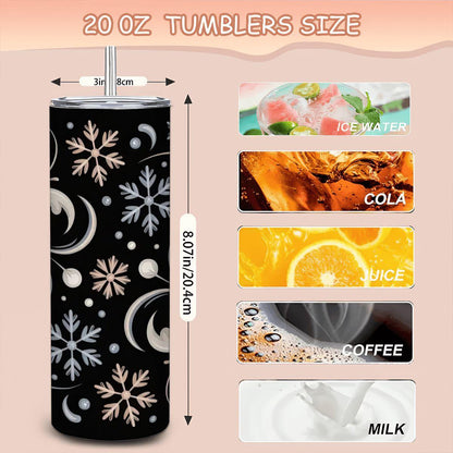 ColorFlow | Elegant Snowflake Swirl Tumbler | 20oz Stainless Steel | Winter Insulated Mug | Black Holiday Cup with Straw