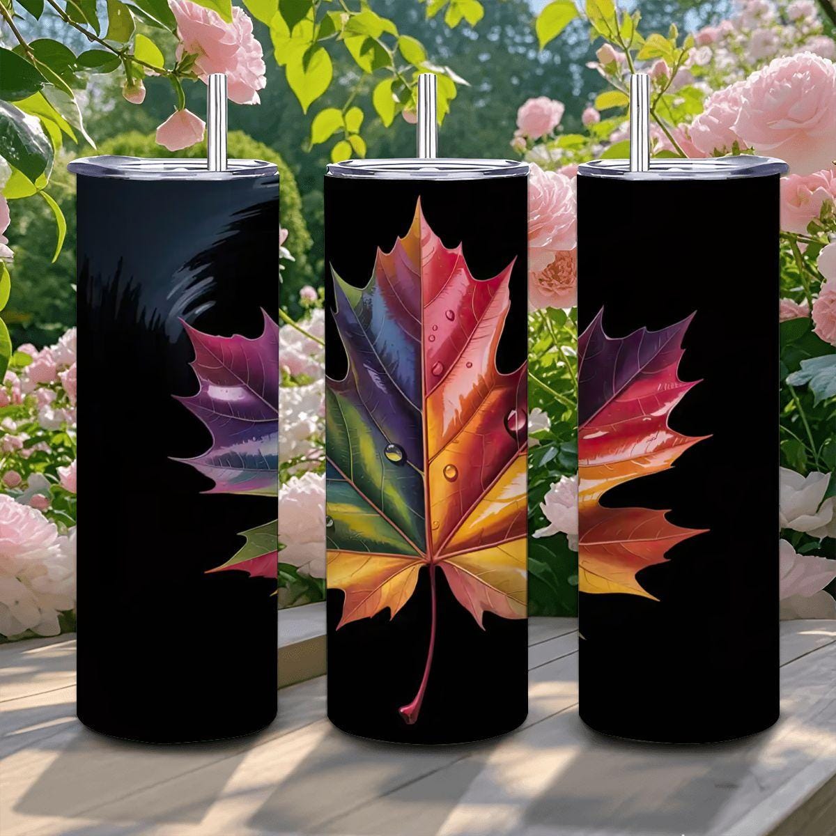 Rainbow Maple Leaf Tumbler: 20oz Stainless Steel Insulated Mug with Straw