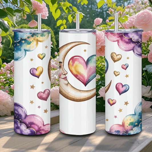 Celestial Moon Heart Tumbler: Rainbow Cloud Stainless Steel Insulated Mug