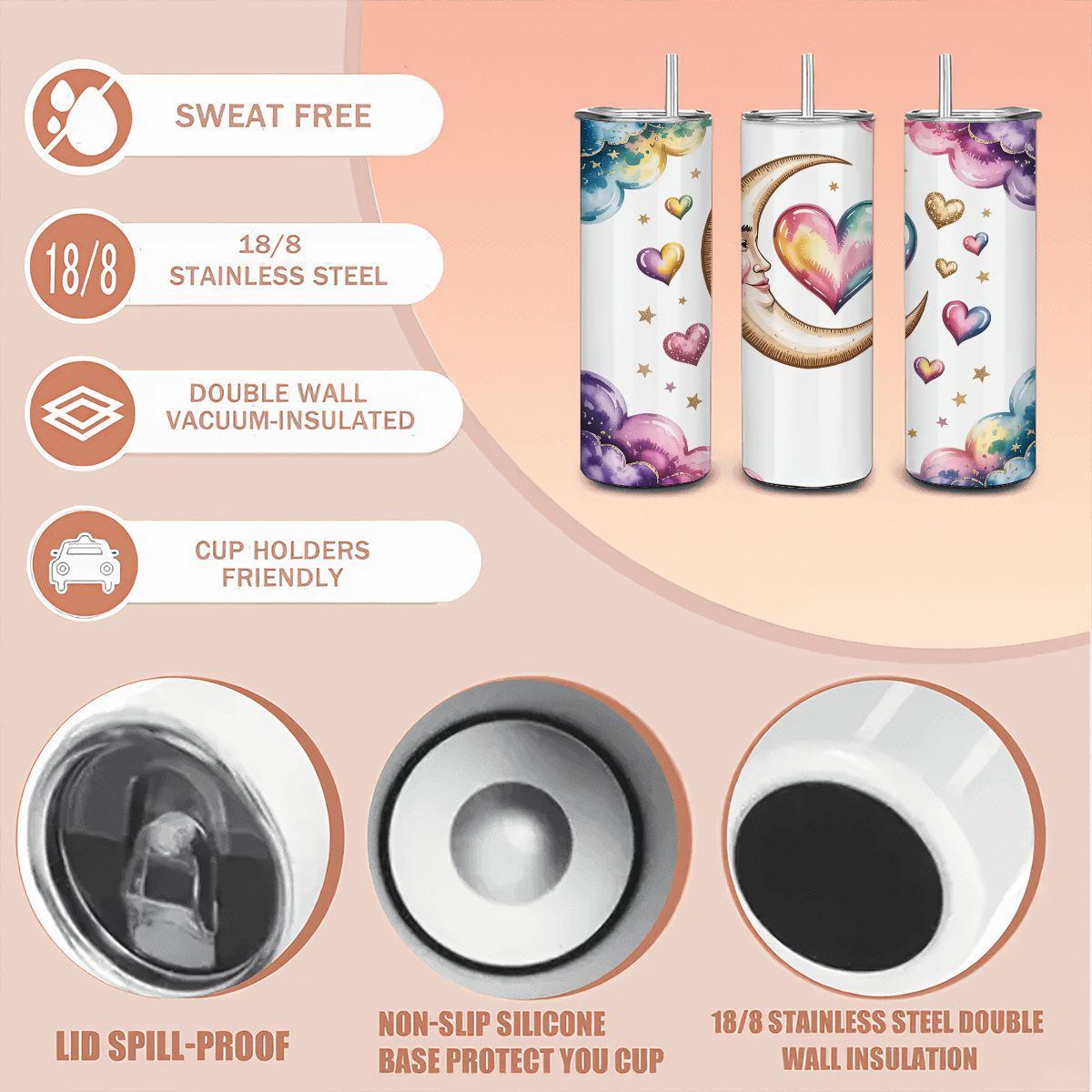 Celestial Moon Heart Tumbler: Rainbow Cloud Stainless Steel Insulated Mug