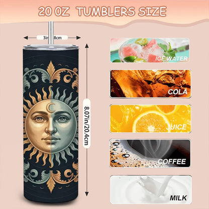 Celestial Sun Moon Tumbler: 20oz Insulated Stainless Steel Mug with Straw