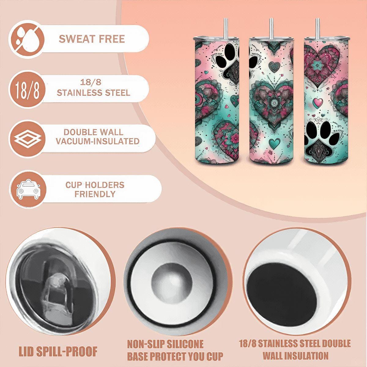 Mandala Paw Heart Tumbler: Insulated Stainless Steel Pet Lover Mug