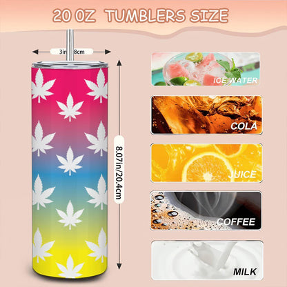 ColorFlow | Rainbow Haze Leaf Tumbler 20oz | Colorful Cannabis Stainless Steel Cup | Weed Gift with Straw