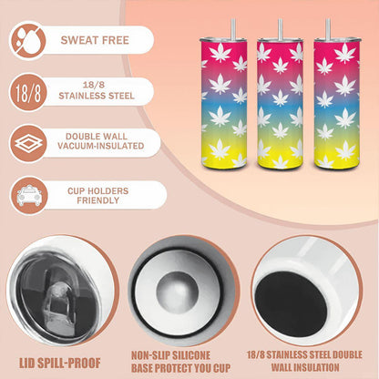 ColorFlow | Rainbow Haze Leaf Tumbler 20oz | Colorful Cannabis Stainless Steel Cup | Weed Gift with Straw