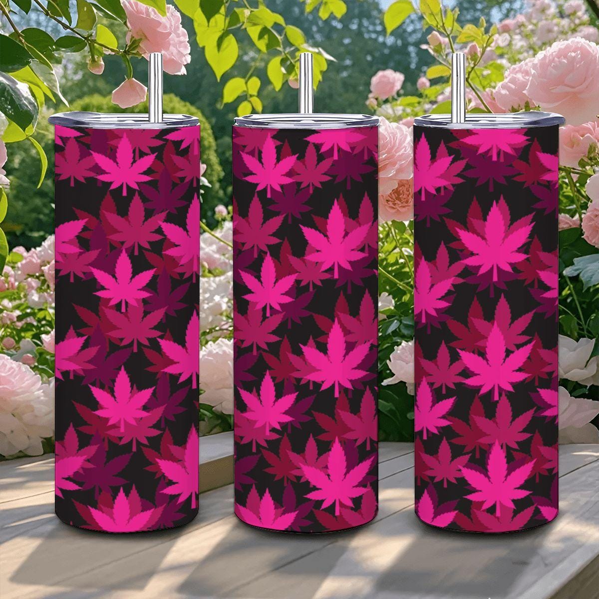 ColorFlow | Pink Neon Leaf Tumbler 20oz | Bold Cannabis Stainless Steel Cup | Weed Gift for Stoner Women