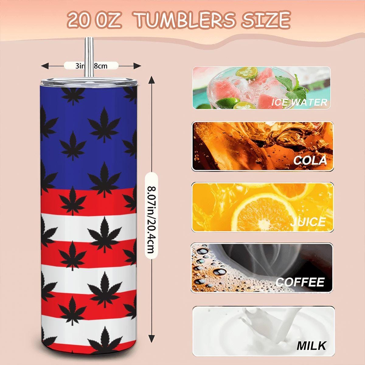 ColorFlow | USA Flag Weed Leaf Tumbler 20oz | Patriotic Cannabis Stainless Steel Cup | Stoner Gift for Americans