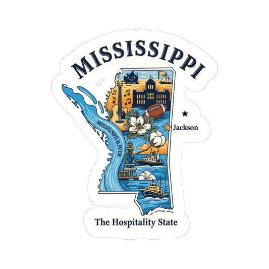 Mississippi Vinyl Sticker: Waterproof State Art Decal - River, Magnolia & Music
