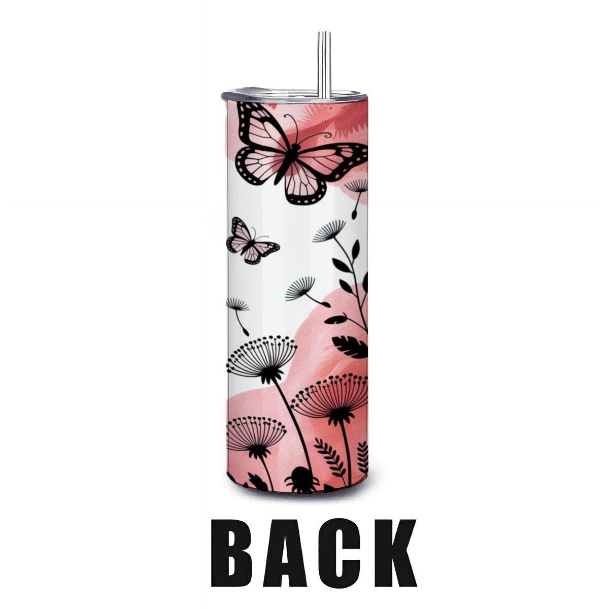 Butterfly Dandelion Tumbler: Stainless Steel Motivational Cup with Straw