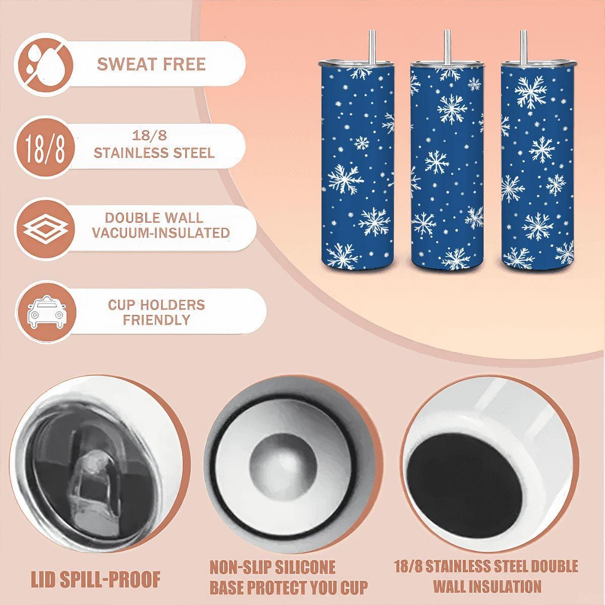 Blue Snowflake Stainless Steel Tumbler - 20oz Insulated Winter Mug