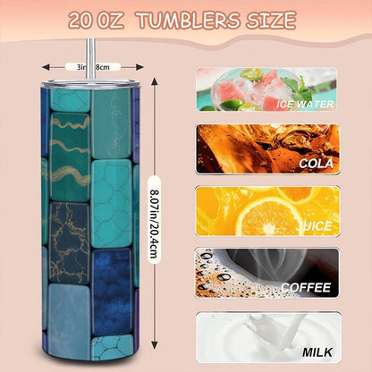 Blue Marble Mosaic Tumbler: Insulated Stainless Steel Cup with Straw