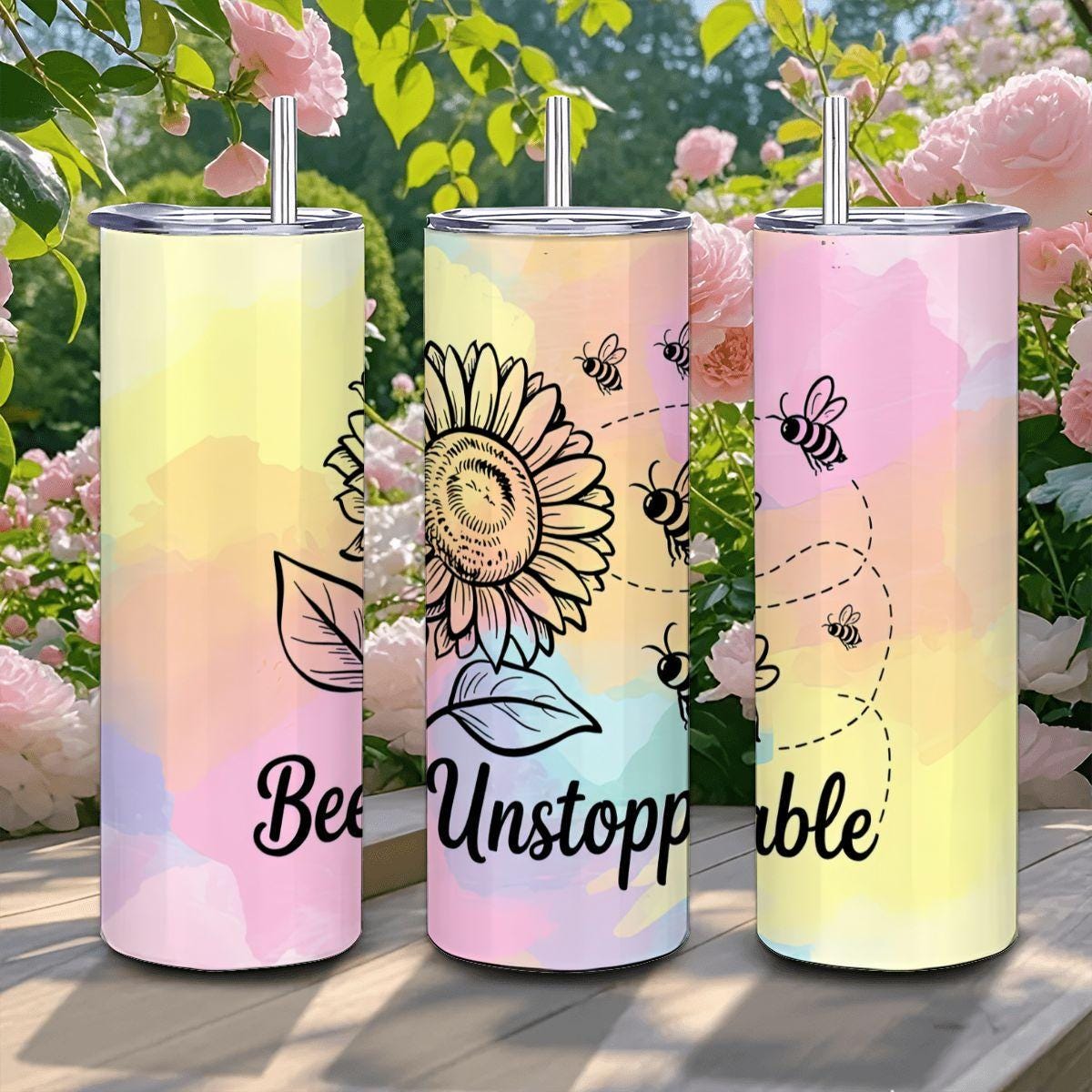 Bee Unstoppable Sunflower Tumbler: Motivational Stainless Steel Cup with Straw