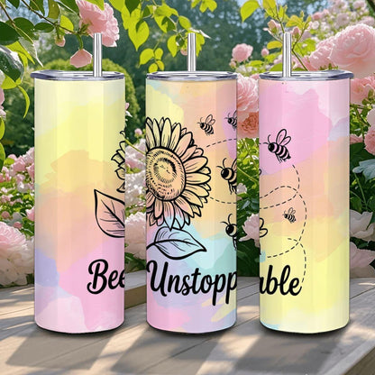 Bee Unstoppable Sunflower Tumbler: Motivational Stainless Steel Cup with Straw