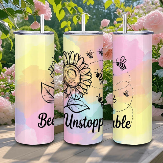 Bee Unstoppable Sunflower Tumbler: Motivational Stainless Steel Cup with Straw